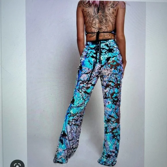 RARE jaded London distressed sequin flares flared rave festival bell bottom pant - Picture 2 of 8
